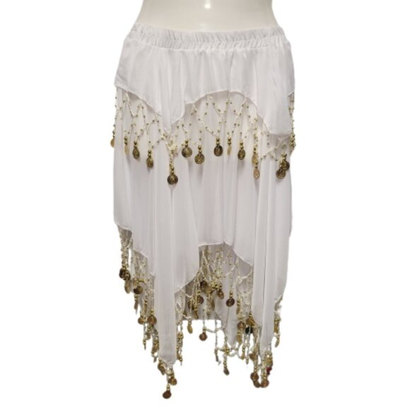 White Short Skirt Belly Dancing Skirt Crocheted with Gold Beads and Coins  NEW - Picture 1 of 6